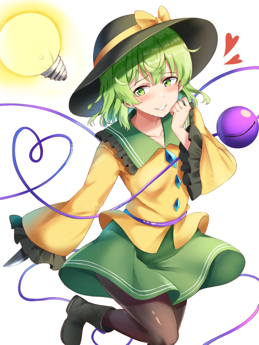 1girl blouse boots bow breasts commentary_request eyeball foot_out_of_frame green_eyes green_hair green_skirt grin hat hat_bow heart heart_of_string highres holding holding_knife knife komeiji_koishi light_bulb looking_to_the_side nagomian pantyhose short_hair simple_background skirt small_breasts smile solo third_eye touhou white_background wide_sleeves yellow_blouse yellow_bow