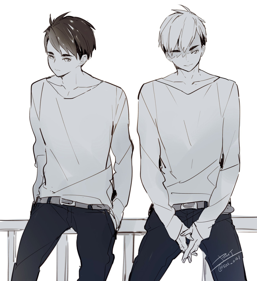 2boys belt belt_buckle black_pants brothers buckle expressionless eyebrows_visible_through_hair greyscale haikyuu!! hands_in_pockets highres interlocked_fingers long_sleeves male_focus miya_atsumu miya_osamu monochrome multiple_boys on_railing own_hands_together pants short_hair siblings sitting_on_railing sleeves_past_wrists smile sweater twins yasai_(getsu)