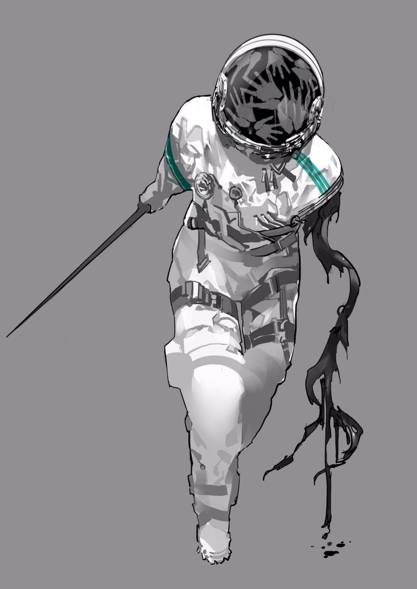 1other astronaut commentary_request creature facing_viewer full_body gloves grey_background grey_gloves hand_print helmet highres holding holding_sword holding_weapon missing_limb nira_(nira_box) original simple_background solo space_helmet spacesuit sword weapon