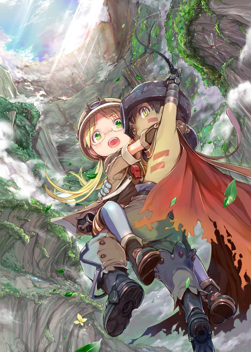 1boy 1girl bird blonde_hair boots bug cape carrying commentary_request dragonfly floating_hair glasses gloves green_eyes helmet highres insect light_rays low_twintails made_in_abyss mikazuki_akira! nature open_mouth pants regu_(made_in_abyss) riko_(made_in_abyss) scenery sunbeam sunlight tongue twintails upper_teeth whistle yellow_eyes
