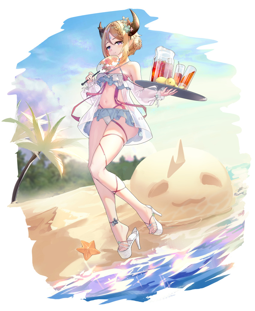 1girl absurdres bangs bare_shoulders beach bikini blonde_hair blush braid clover_theater cup day facial_mark flower forehead_mark full_body hair_between_eyes hair_bun hair_flower hair_ornament halter_top halterneck high_heels highres holding holding_tray horns jar leg_ribbon navel parted_bangs pointy_ears qiuyueruona red_ribbon ribbon sandals see-through see-through_sleeves smile solo standing stomach swimsuit tray violet_eyes water weili_(clover_theater) white_bikini white_footwear