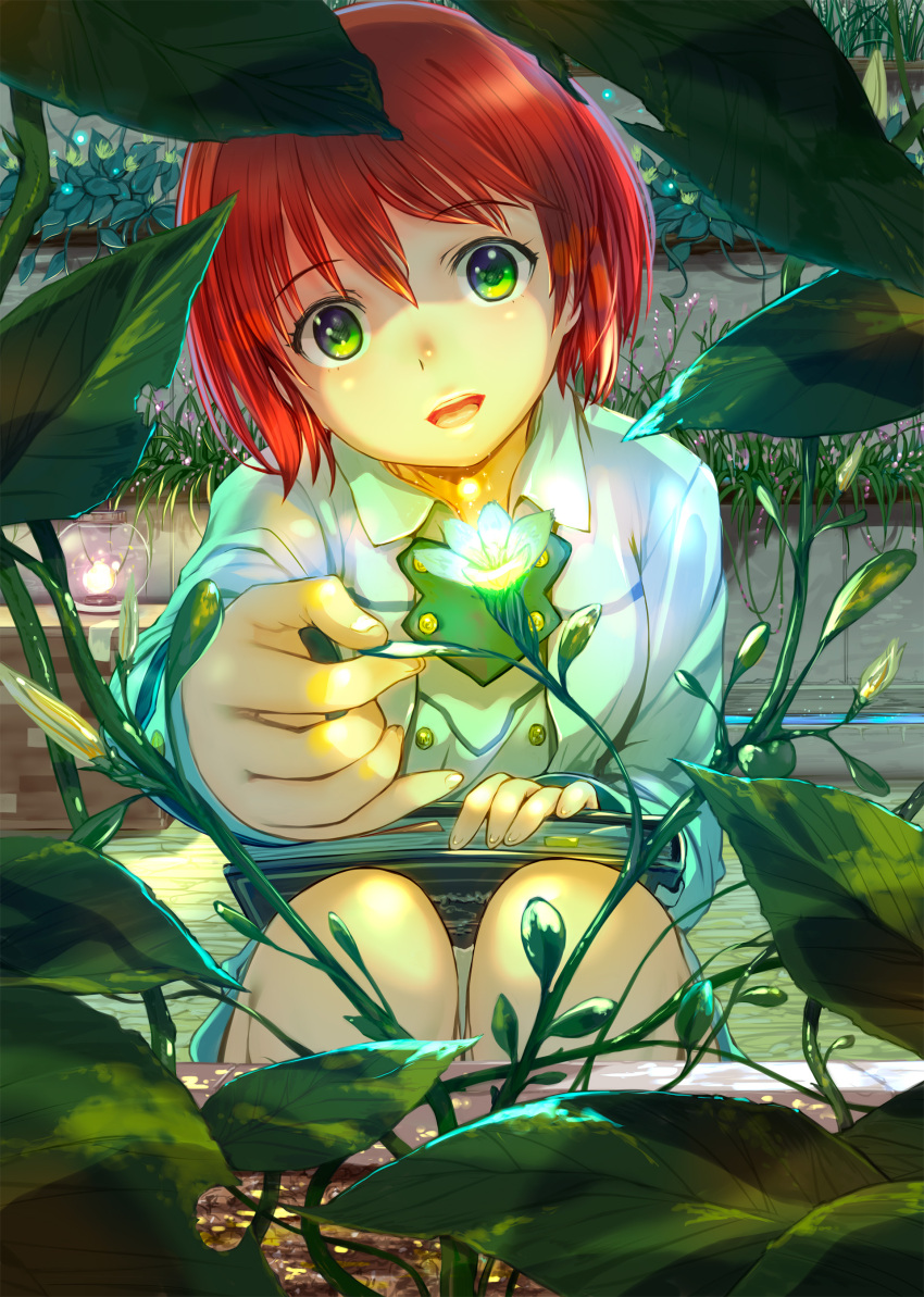 1girl :d absurdres akagami_no_shirayukihime book bookmark commentary_request flower glowing green_eyes highres holding holding_book leaf mikazuki_akira! open_mouth plant redhead shirayuki_(akagami_no_shirayukihime) short_hair smile solo