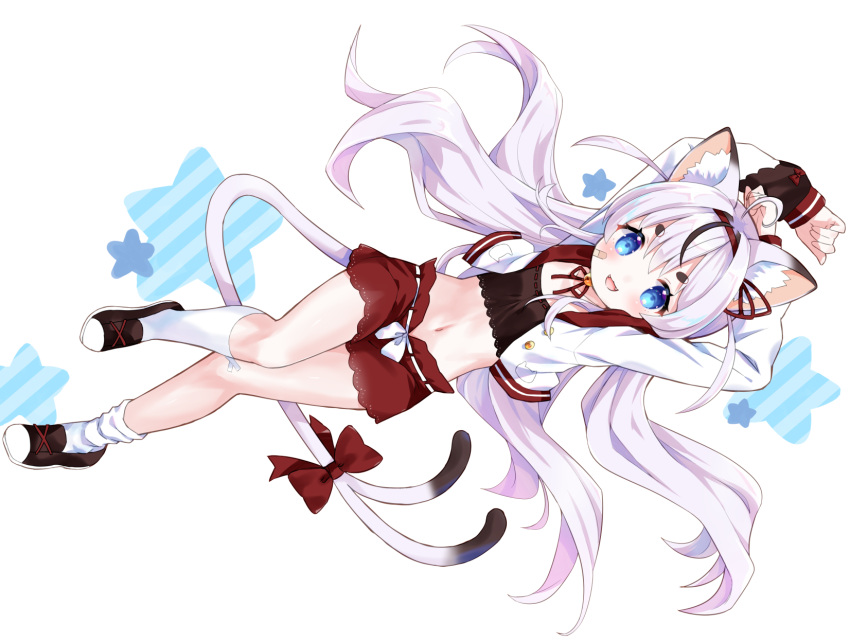 1girl :d amimi animal_ear_fluff animal_ears bandaid bandaid_on_face blue_eyes bow cat_ears cat_girl cat_tail character_request commission copyright_request crop_top cropped_jacket fangs forked_tail full_body highres long_hair midriff navel open_mouth shorts silver_hair skeb_commission smile socks stomach tail tail_bow tail_ornament very_long_hair virtual_youtuber white_legwear