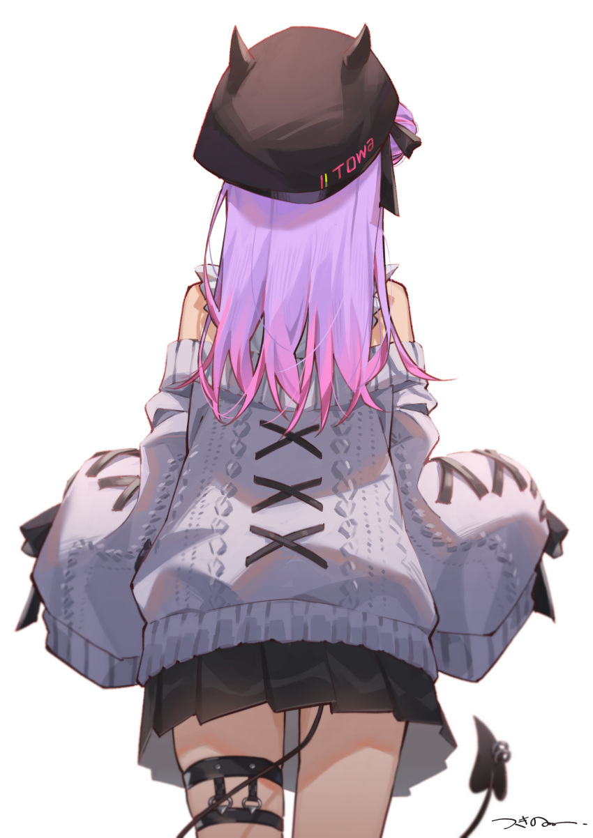 1girl absurdres beret demon_tail from_behind hair_bun hat highres hololive long_hair off-shoulder_sweater off_shoulder piercing pleated_skirt purple_hair signature skirt sweater tail tail_ornament tail_piercing thigh_strap tokoyami_towa tsukino_(nakajimaseiki) virtual_youtuber white_background