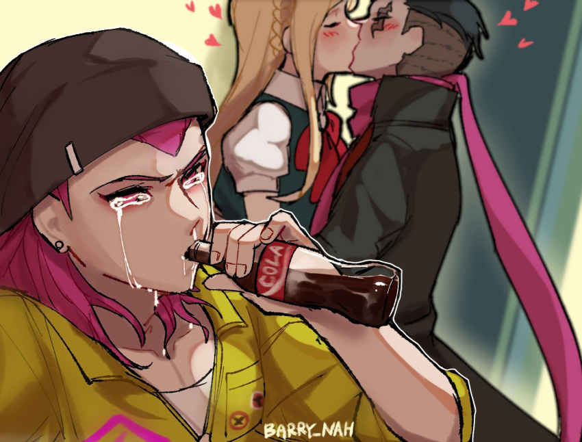 1girl 2boys artist_name barry_nah beanie black_coat black_hair blonde_hair blush bow braid brown_headwear coat coca-cola cola collarbone collared_shirt couple crying dangan_ronpa_(series) dangan_ronpa_2:_goodbye_despair drinking earrings english_commentary from_side hair_ornament hat heart highres jewelry kiss long_hair medium_hair meme multiple_boys pink_eyes pink_hair pink_scarf puffy_short_sleeves puffy_sleeves red_bow scarf shirt short_hair short_sleeves sonia_nevermind souda_kazuichi tanaka_gandamu yellow_jumpsuit