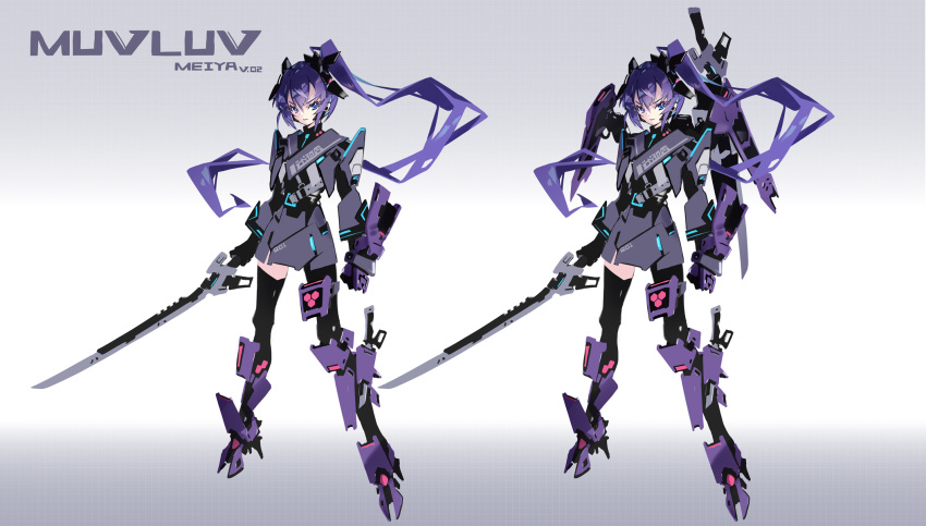 1girl asymmetrical_legwear black_gloves black_legwear blue_eyes blue_hair boots character_name commentary_request copyright_name cosplay cyborg elbow_gloves full_body gloves gradient gradient_background hair_between_eyes hair_ornament hayakawa_harui high_ponytail highres holding holding_sword holding_weapon knee_boots long_hair looking_at_viewer mechanization military military_uniform mitsurugi_meiya muvluv muvluv_alternative parted_lips ponytail purple_footwear recurring_image revision sheath sheathed standing sword takemikazuchi_(muvluv) takemikazuchi_(muvluv)_(cosplay) thigh-highs tile_background translated tsurime uniform v-shaped_eyebrows variations very_long_hair weapon