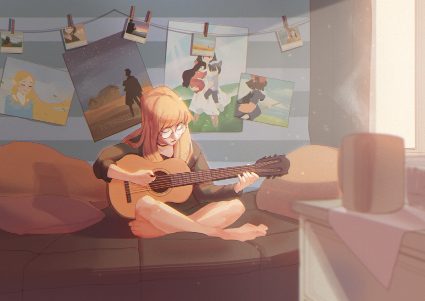 1girl ave bangs barefoot blonde_hair character_request choker closed_eyes closed_mouth collarbone commentary copyright_name cup curtains english_commentary from_side full_body glasses guitar holding holding_instrument indoors instrument interstellar_(movie) joseph_cooper lips long_hair long_sleeves majo_no_takkyuubin music ookami_kodomo_no_ame_to_yuki original photo_(object) pillow playing_instrument poster_(object) princess_zelda room round_eyewear shirt sitting smile solo sunlight the_legend_of_zelda the_legend_of_zelda:_breath_of_the_wild window