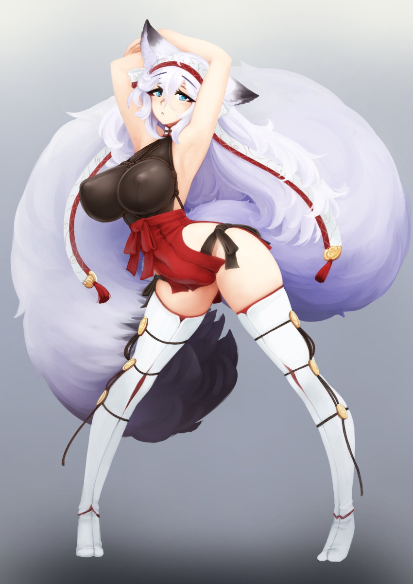 1girl animal_ears armpits arms_up barbariank blue_eyes breasts commentary covered_nipples english_commentary fox_ears fox_girl fox_tail gradient gradient_background grey_background hairband heart heart-shaped_pupils highres large_breasts large_tail legs_apart long_hair looking_at_viewer meyeri_(barbariank) no_shoes original simple_background solo standing symbol-shaped_pupils tail thigh-highs very_long_hair white_hair white_legwear