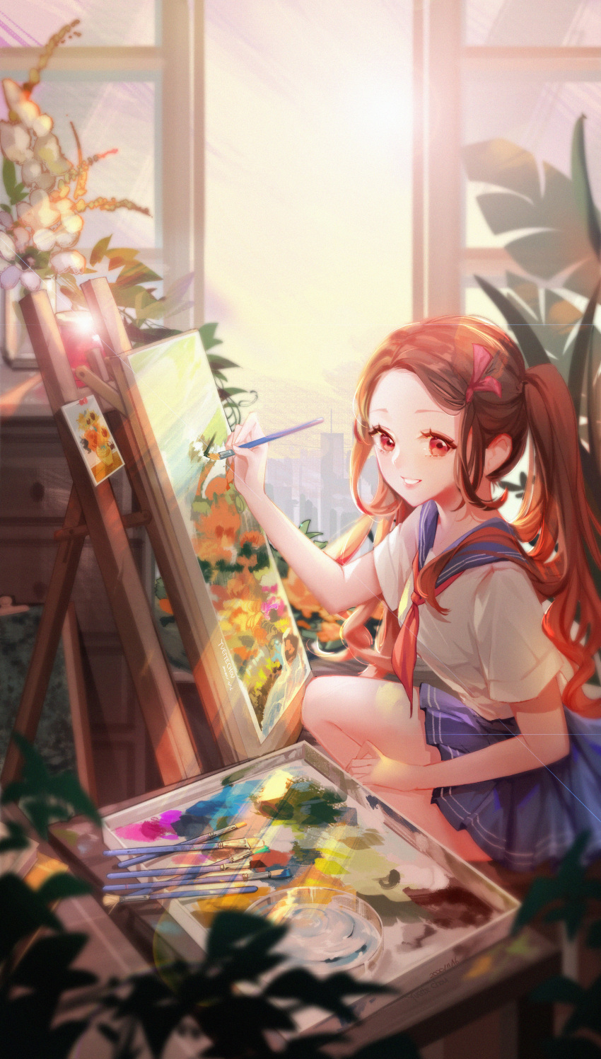 1girl absurdres blue_sailor_collar blue_skirt brown_eyes brown_hair canvas_(object) chinese_commentary commentary_request day grin hair_ribbon hand_on_own_thigh highres holding holding_paintbrush huge_filesize indoors kamado_nezuko kimetsu_no_yaiba long_hair looking_at_viewer miniskirt neckerchief paintbrush painting painting_(object) palette pink_ribbon plant pleated_skirt potted_plant red_eyes ribbon sailor_collar school_uniform serafuku shirt skirt smile solo twintails very_long_hair white_shirt window yvettechou