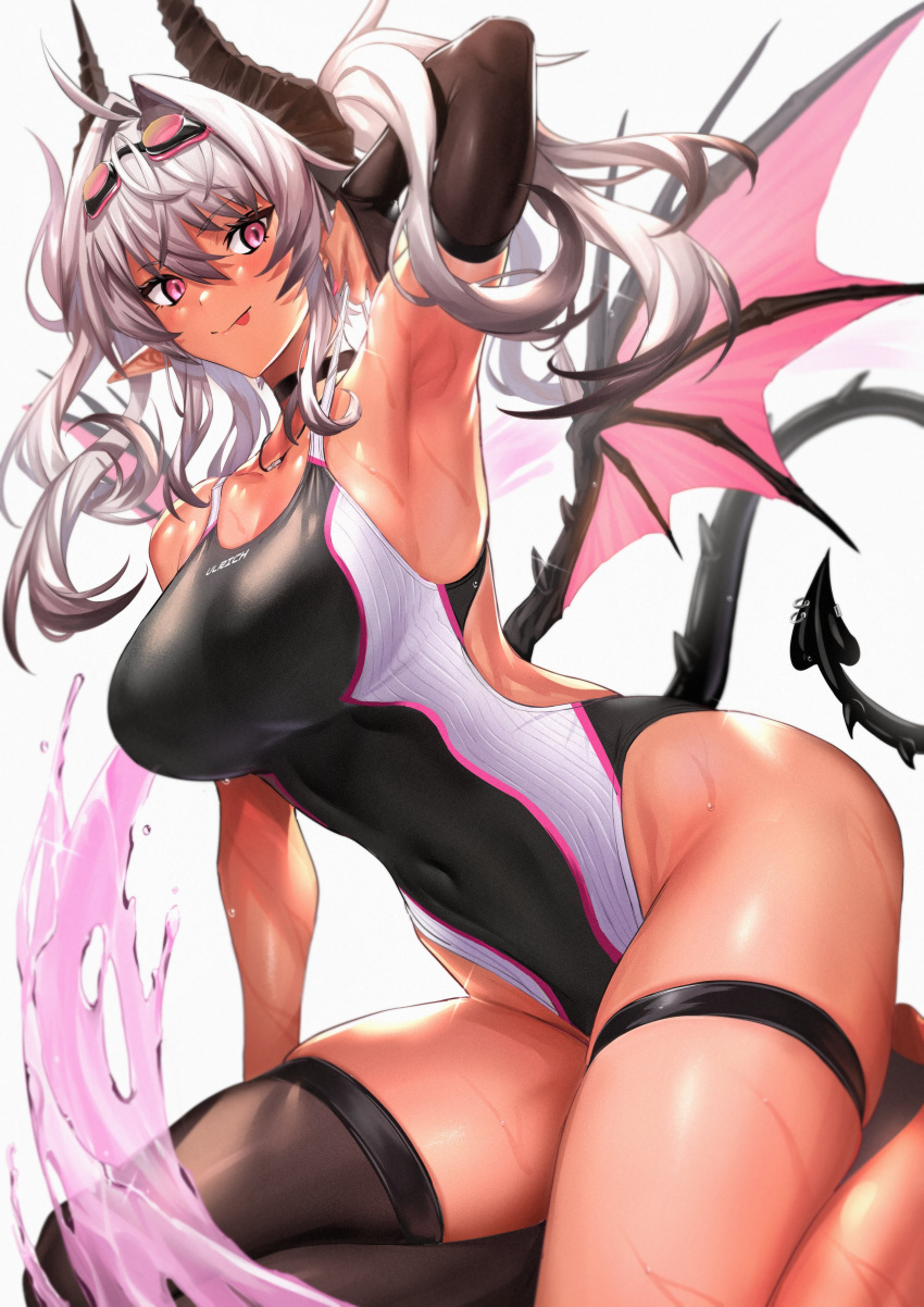 1girl absurdres ahoge armpits bangs bare_shoulders black_swimsuit blush breasts choker collarbone dark_skin dark-skinned_female demon_girl demon_horns demon_tail demon_wings detached_sleeves goggles goggles_on_head hair_intakes highleg highleg_swimsuit highres horns large_breasts long_hair looking_at_viewer one-piece_swimsuit original pink_eyes pointy_ears silver_hair smile swimsuit tail tan thighs tongue tongue_out twintails ulrich_(tagaragakuin) white_swimsuit wings