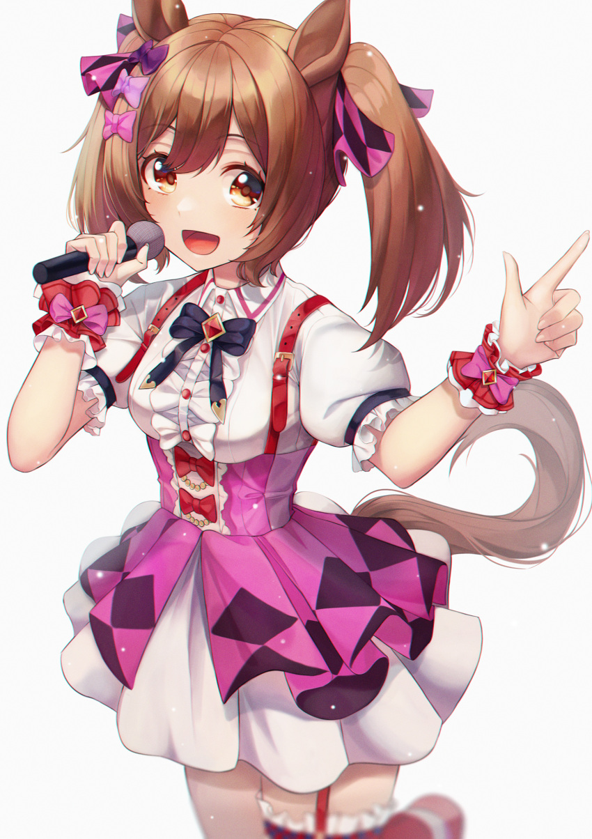 1girl :d animal_ears bangs black_bow bow breasts brown_eyes brown_hair collared_shirt commentary_request dress_shirt frilled_sleeves frills hair_bow hair_ornament hair_ribbon hands_up high-waist_skirt highres holding holding_microphone horse_ears horse_girl horse_tail looking_at_viewer medium_breasts medium_hair microphone open_mouth pink_bow pink_skirt puffy_short_sleeves puffy_sleeves purple_bow ribbon shirt short_sleeves skirt smart_falcon_(umamusume) smile solo sora_(men0105) standing suspender_skirt suspenders tail twintails umamusume white_background white_shirt