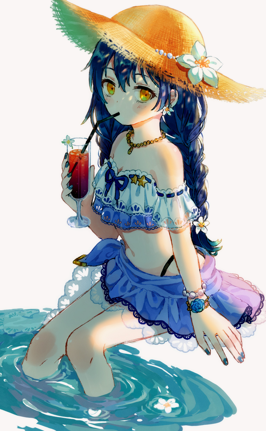 1girl absurdres bangs bendy_straw bikini blue_hair blush braid commentary_request cup drink drinking drinking_glass drinking_straw frilled_bikini frills hair_ornament hat highres jewelry long_hair looking_at_viewer love_live! love_live!_school_idol_festival_all_stars love_live!_school_idol_project myon_rio necklace simple_background sitting solo sonoda_umi swimsuit swimwear tropical_drink twin_braids water