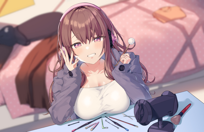 1girl absurdres asmr black_jacket blurry blurry_background blush breast_rest breasts brown_hair brush commentary_request cotton_swab depth_of_field grin headphones highres indoors itohana jacket large_breasts long_hair long_sleeves looking_at_viewer mimikaki ned open_clothes open_jacket original pink_eyes shirt sitting sleeves_past_wrists smile solo taut_clothes taut_shirt upper_body white_shirt