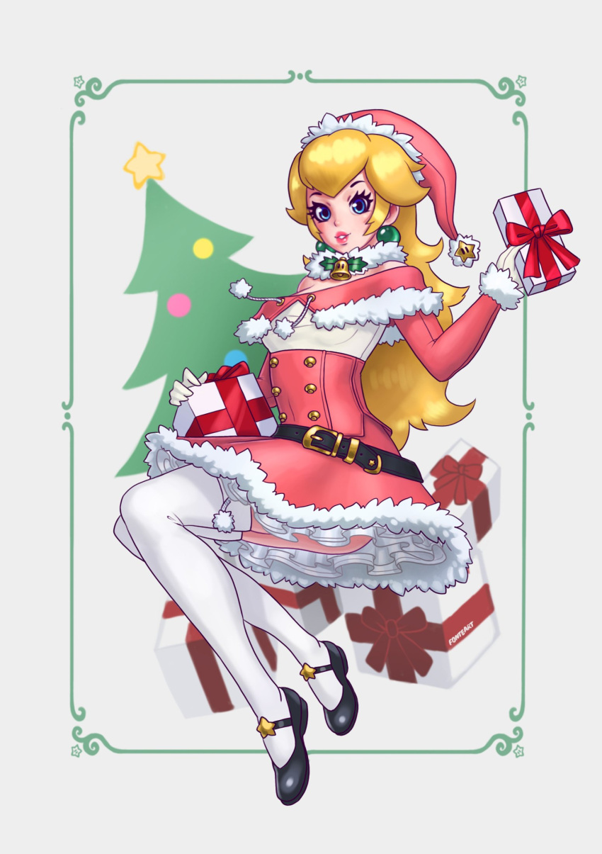 1girl adapted_costume alternate_costume bell belt black_footwear blonde_hair blue_eyes bodice christmas christmas_present christmas_tree commentary english_commentary fonteart gem gloves hat highres jewelry looking_at_viewer super_mario_bros. neck_bell parted_lips pink_headwear pink_lips princess_peach santa_costume santa_hat signature thigh-highs