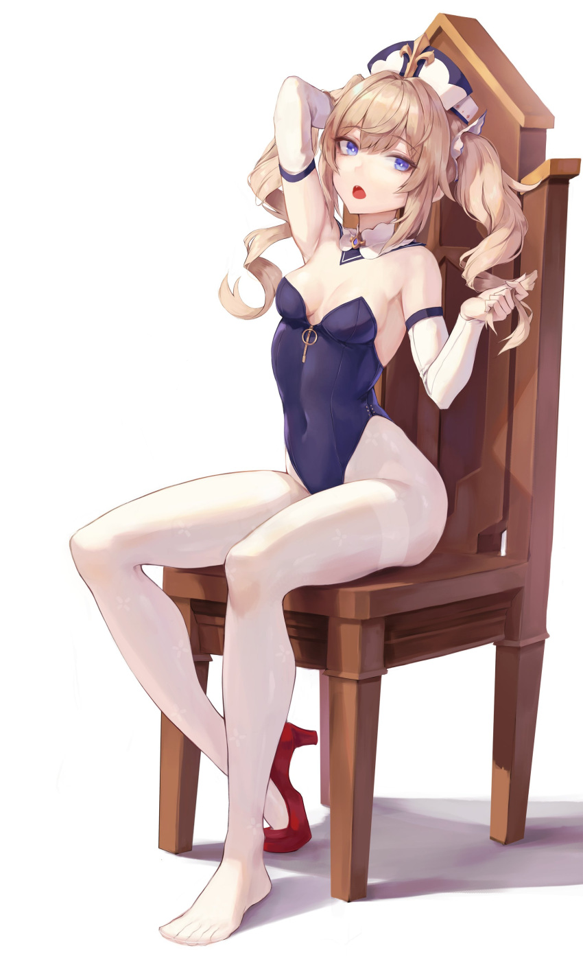 1girl :o absurdres arm_up armpits barbara_pegg bare_shoulders blonde_hair blue_eyes blue_leotard breasts chair covered_navel detached_collar detached_sleeves genshin_impact hat high_heels highleg highleg_leotard highres hiki_niito leotard long_hair long_sleeves looking_at_viewer no_shoes open_mouth pantyhose red_footwear simple_background sitting small_breasts solo strapless strapless_leotard thighband_pantyhose twintails white_background white_headwear white_legwear