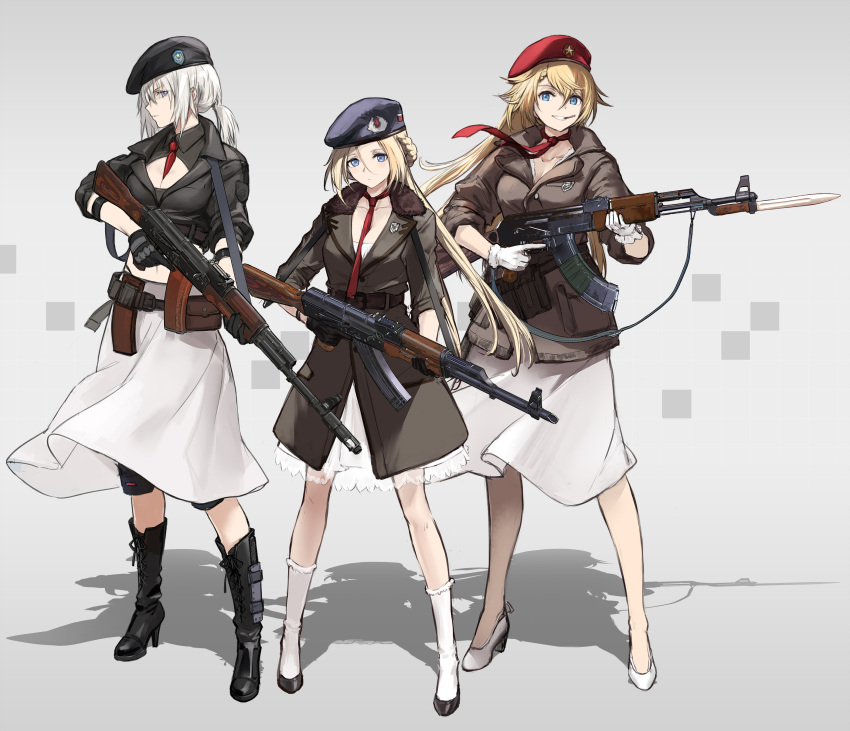 3girls absurdres ak47_(girls_frontline) assault_rifle bayonet belt between_breasts black_footwear black_gloves black_headwear black_jacket blue_eyes blue_headwear boots brain breasts brown_jacket character_request collarbone cross-laced_footwear expressionless full_body fur-trimmed_jacket fur_trim girls_frontline gloves grin gun hat height_difference high_heel_boots high_heels highres holster jacket kisetsu looking_at_viewer military_hat mouth_hold multiple_girls necktie ponytail red_headwear red_neckwear rifle serious silhouette skirt smile socks trigger_discipline violet_eyes weapon white_footwear white_gloves white_hair white_legwear white_skirt