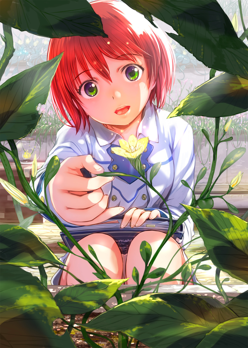 1girl :d absurdres akagami_no_shirayukihime book bookmark commentary_request flower green_eyes highres holding holding_book leaf mikazuki_akira! open_mouth plant redhead shirayuki_(akagami_no_shirayukihime) short_hair smile solo