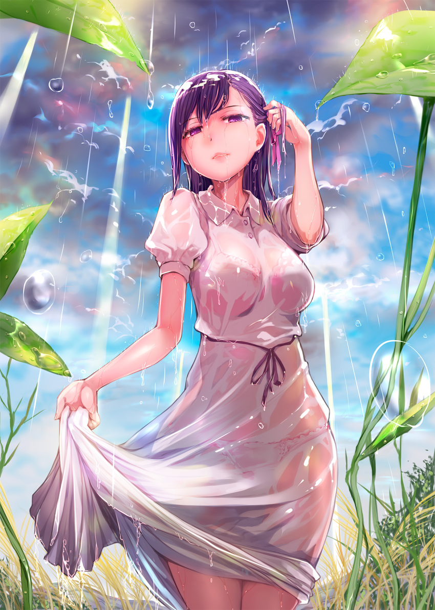 1girl bra_through_clothes clouds cloudy_sky commentary_request dress dress_lift fate/stay_night fate_(series) grass hair_ribbon hair_tucking heaven's_feel highres lifted_by_self matou_sakura mikazuki_akira! nature outdoors panties pink_ribbon purple_hair rain ribbon sky solo underwear violet_eyes wet wet_clothes wet_dress white_dress