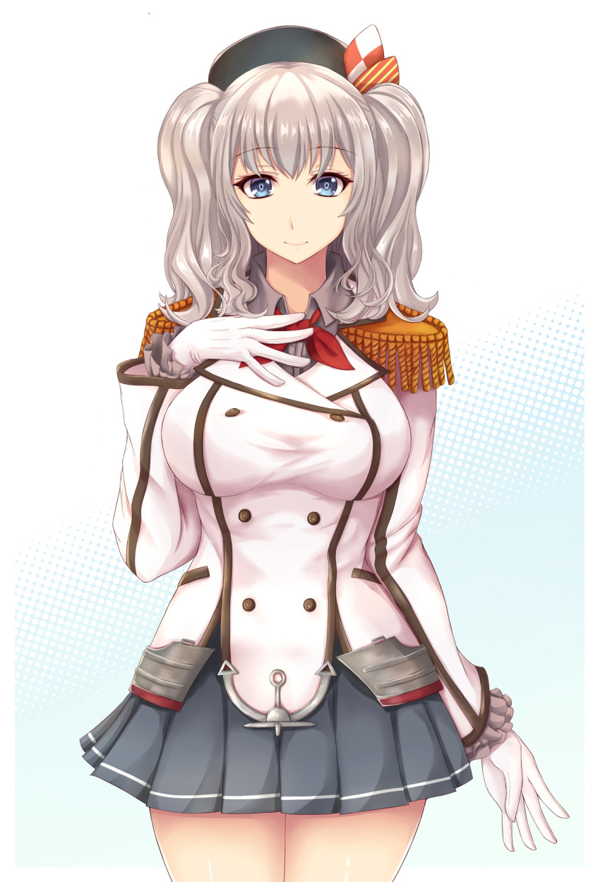 1girl beret blue_eyes breasts cowboy_shot epaulettes frilled_sleeves frills gloves grey_skirt hat highres jacket kantai_collection kashima_(kancolle) kerchief large_breasts long_sleeves military military_jacket military_uniform miniskirt neckerchief pleated_skirt red_neckwear sidelocks silver_hair skirt solo standing twintails uniform wavy_hair white_gloves white_jacket zatma0041