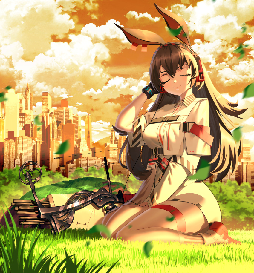 1girl absurdres animal_ears april_(arknights) arknights bangs black_hair bow_(weapon) city closed_eyes clouds compound_bow dress grass hand_up highres infection_monitor_(arknights) leaf long_hair orange_sky outdoors rabbit_ears shoes short_dress sitting sky smile solo thigh_strap thighs wanshuibaipo wariza weapon white_dress