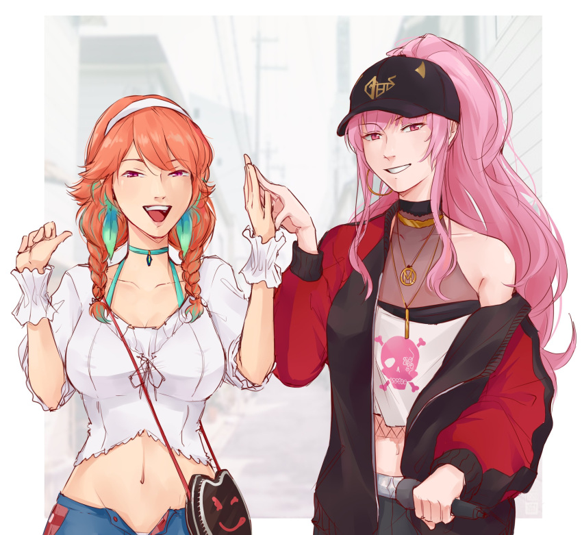 2girls bare_shoulders baseball_cap blouse breasts byubiyubi choker crop_top denim denim_shorts earrings eyebrows_visible_through_hair feather_earrings feathers gradient_hair hair_through_headwear hat highres holding_hands hololive hololive_english jewelry microphone midriff mori_calliope multicolored_hair multiple_girls navel official_alternate_costume open_clothes open_fly open_mouth open_shorts orange_hair ponytail red_eyes shorts smile takanashi_kiara tank_top teeth tongue upper_teeth virtual_youtuber white_blouse yuri