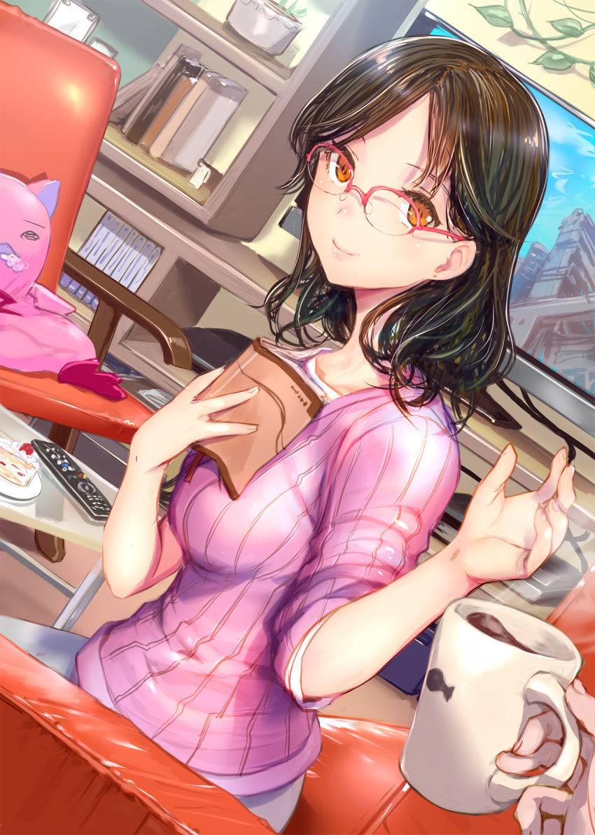 1girl book book_on_breasts brown_eyes brown_hair cake cake_slice chair coffee coffee_mug controller cup food galaxy_angel glasses highres holding holding_book holding_cup mikazuki_akira! mug normad original pink_sweater pov pov_hands reading remote_control ribbed_sweater shelf sitting smile solo_focus stuffed_animal stuffed_toy sweater television