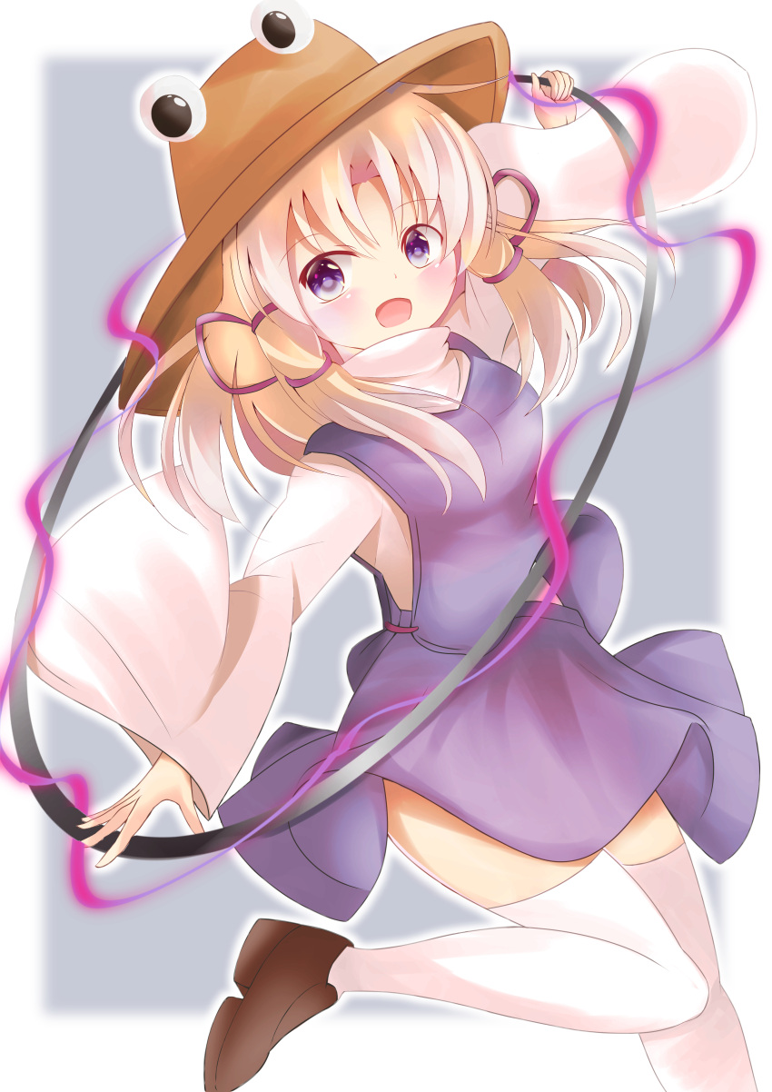 1girl :d absurdres arm_up blonde_hair blurry blurry_background blush breasts commentary_request dress foot_out_of_frame hat highres holding holding_ring jewelry long_hair looking_at_viewer medium_breasts moriya_suwako open_mouth purple_background purple_dress ring simple_background smile solo standing standing_on_one_leg tomaton touhou turtleneck violet_eyes