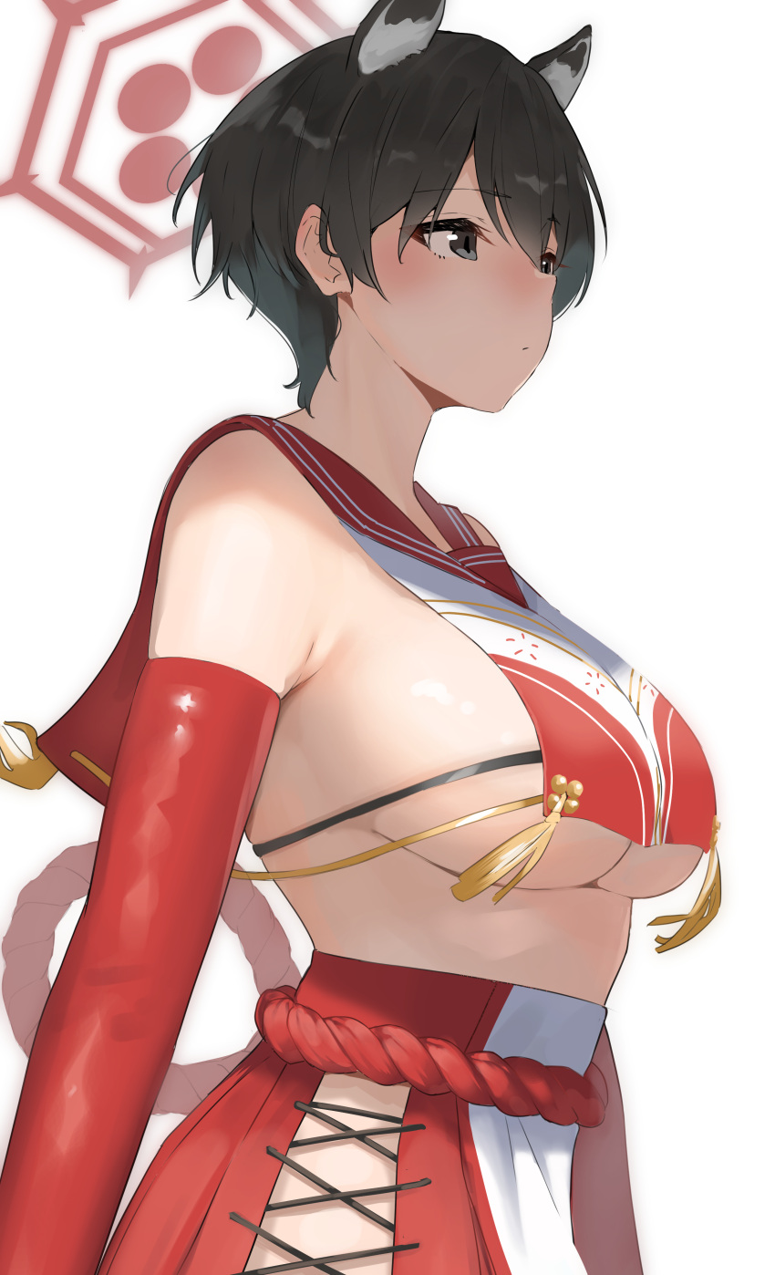 1girl absurdres animal_ears bare_shoulders black_hair blue_archive breast_curtain breasts elbow_gloves from_side gloves grey_eyes highres large_breasts red_gloves red_sailor_collar red_skirt revealing_clothes rope sailor_collar sideboob sideless_outfit skirt takita_(takita3411) tassel tsubaki_(blue_archive) two-tone_shirt under_boob white_background