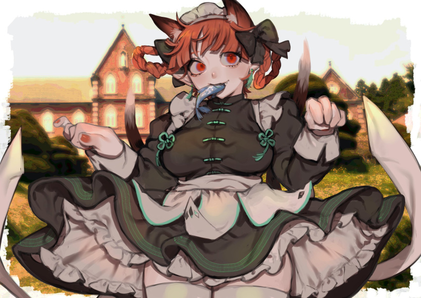 1girl alternate_costume animal_ears black_bow black_dress blush bow braid breasts cat_ears cat_tail commentary_request cowboy_shot day dress earrings enmaided extra_ears fish hair_bow highres jewelry kaenbyou_rin large_breasts long_hair looking_at_viewer maid maid_headdress mi_ri_000 mouth_hold multiple_tails nail_polish nekomata outdoors paw_pose petticoat red_eyes red_nails redhead solo tail thigh-highs touhou twin_braids two_tails white_legwear