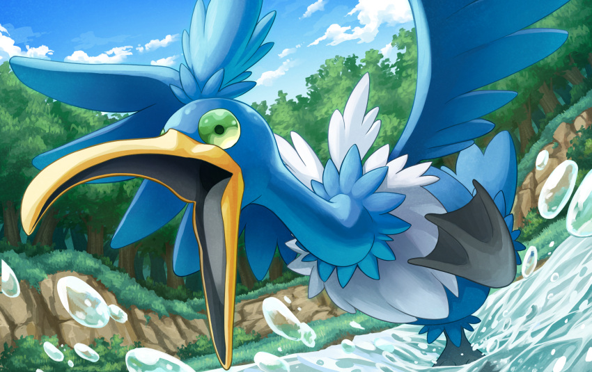 bird clouds commentary_request cramorant day gen_8_pokemon grass green_eyes hakuginnosora highres no_humans open_mouth outdoors pokemon pokemon_(creature) sky solo standing standing_on_one_leg tongue tree wading water water_drop