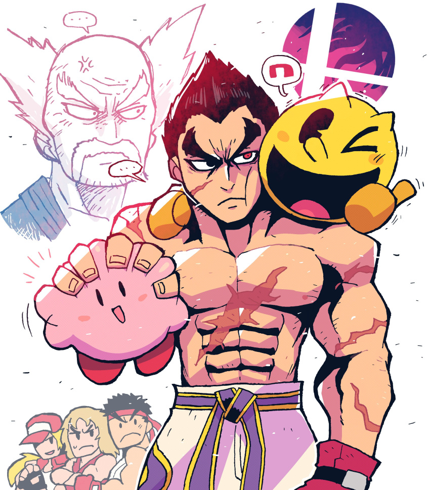 &gt;_o ... 6+boys absurdres anger_vein black_eyes black_gloves black_hair blonde_hair boxing_gloves closed_mouth facial_hair fatal_fury frown gloves hat headband heterochromia highres holding ken_masters kirby kirby_(series) long_hair male_focus mishima_heihachi mishima_kazuya multiple_boys muscular muscular_male mustache one_eye_closed open_mouth pac-man pac-man_(game) rariatto_(ganguri) red_eyes red_gloves ryu_(street_fighter) scar scar_on_arm scar_on_chest shirt shirtless simple_background snk spiky_hair spoken_ellipsis street_fighter super_smash_bros. sweat tekken terry_bogard the_king_of_fighters thick_eyebrows thumbs_up white_background