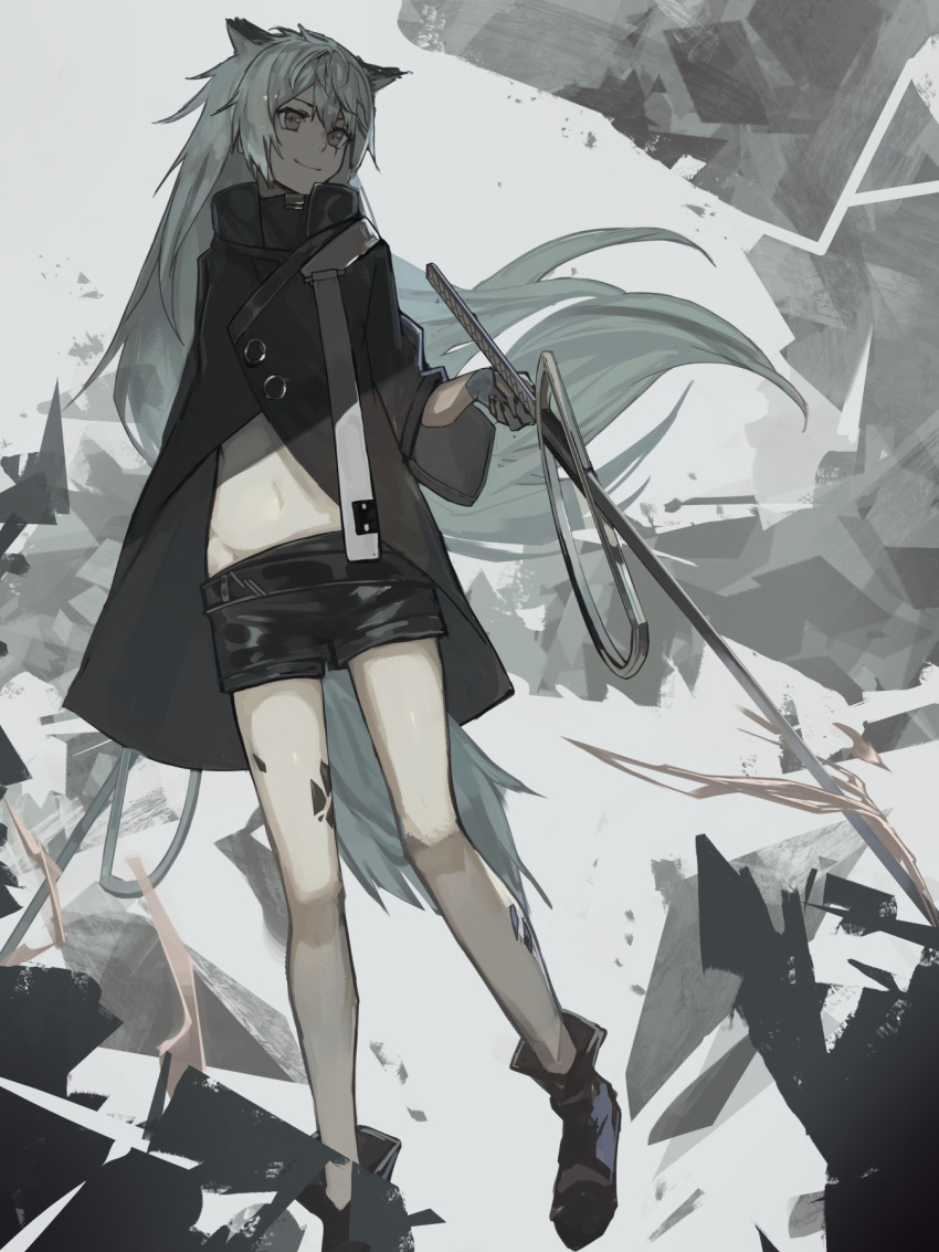 1girl aito animal_ears arknights bare_legs black_coat black_footwear black_nails black_shorts boots closed_mouth coat fingerless_gloves full_body gloves grey_eyes grey_gloves high_collar highres holding holding_sword holding_weapon lappland_(arknights) long_hair midriff navel oripathy_lesion_(arknights) scar scar_across_eye short_shorts shorts smile solo standing strap sword tail weapon white_hair wolf_ears wolf_girl wolf_tail