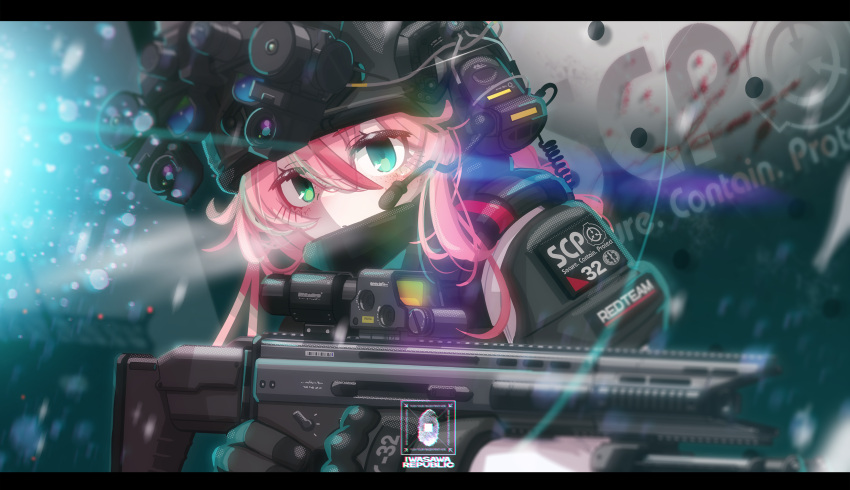1girl absurdres armor assault_rifle blood blood_splatter commentary_request fn_scar freckles gloves green_eyes gun headset helmet highres iwasawayuki looking_at_viewer original pink_hair rifle scp_foundation solo tactical_clothes weapon