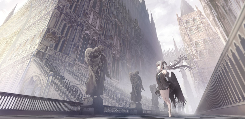 1girl bare_shoulders barefoot black_dress black_gloves black_wings breasts building clouds cloudy_sky dress elbow_gloves feathered_wings gloves grey_hair highres long_hair looking_away looking_to_the_side low_wings medium_breasts missile228 original outdoors railing red_eyes sky sleeveless sleeveless_dress solo statue twintails very_long_hair walking wings