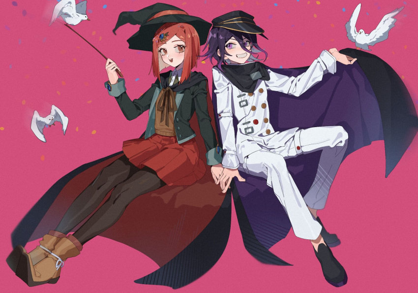 1boy 1girl :d bangs bird black_cape black_footwear black_jacket black_legwear brown_vest buttons cape cape_lift collared_shirt confetti dangan_ronpa_(series) dangan_ronpa_v3:_killing_harmony double-breasted dove grin hair_ornament hand_up hands_together hat highres holding holding_wand invisible_chair jacket jazy lifted_by_self long_sleeves looking_at_another miniskirt open_mouth ouma_kokichi pants pantyhose peaked_cap purple_hair red_background red_cape red_eyes red_headwear red_skirt redhead shirt shoes short_hair simple_background sitting skirt smile straitjacket vest violet_eyes wand white_jacket white_pants white_shirt witch_hat yumeno_himiko