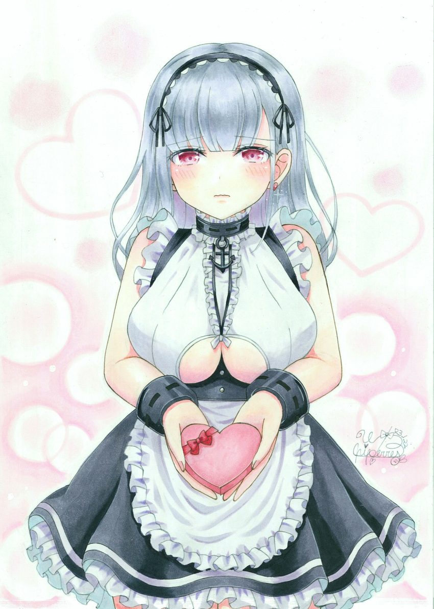 1girl absurdres anchor_choker apron azur_lane black_hairband black_skirt box breasts center_frills choker clothing_cutout dido_(azur_lane) earrings eyebrows_visible_through_hair frilled_apron frilled_choker frilled_shirt frilled_skirt frills hairband heart heart-shaped_box heart_earrings highres holding holding_box jewelry lace-trimmed_hairband lace_trim large_breasts maid shirt silver_hair skirt sleeveless sleeveless_shirt solo traditional_media under_boob underboob_cutout violet_eyes waist_apron whipberry white_apron white_shirt