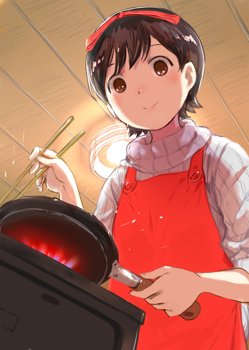 1girl :d apron black_hair brown_eyes chopsticks commentary_request cooking frying_pan hair_ribbon highres maiko-san_chi_no_makanai-san mikazuki_akira! nozuki_kiyo open_mouth red_apron red_ribbon ribbed_sweater ribbon short_hair smile solo sweater turtleneck turtleneck_sweater white_sweater