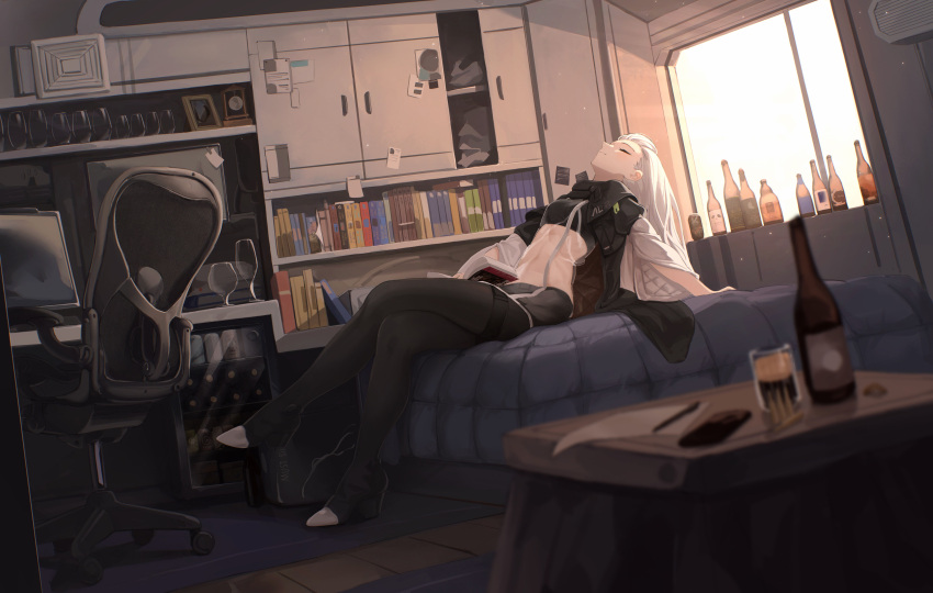 1girl absurdres ak-alfa_(girls_frontline) alcohol backlighting bedroom beer beer_bottle beer_glass beer_mug black_footwear book bookshelf boots breasts chair closed_eyes crossed_legs cup dutch_angle girls_frontline head_back high_heel_boots high_heels highres monitor mug nose office_chair on_bed open_book reclining refrigerator rui_(rei_leyi) small_breasts solo thigh-highs thigh_boots