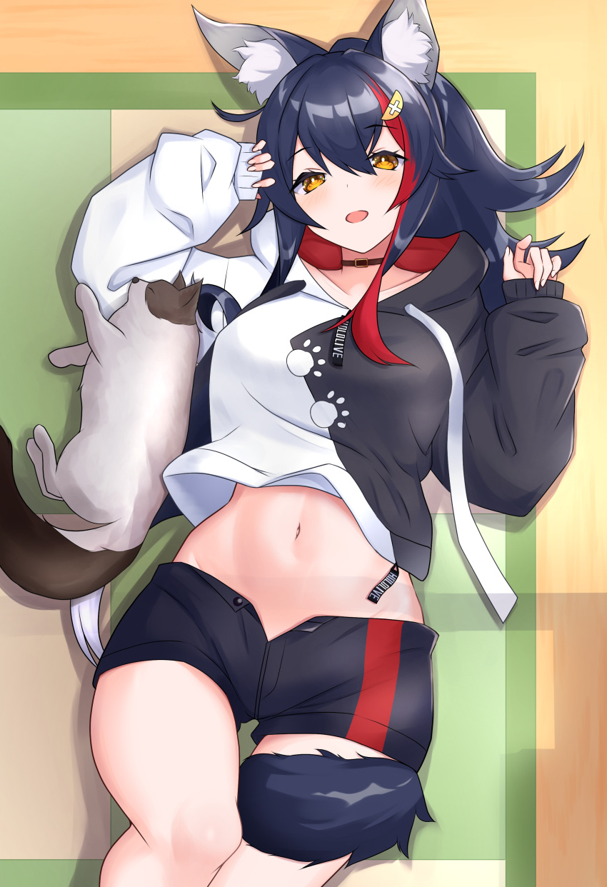 1girl absurdres animal_ear_fluff animal_ears black_hair breasts hair_between_eyes highres hololive long_hair multicolored_hair ookami_mio pipin_try short_shorts shorts tail tail_around_leg tail_wrap very_long_hair virtual_youtuber wolf_ears wolf_girl wolf_tail yellow_eyes