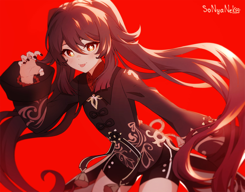 1girl :p bead_bracelet beads blush bracelet brown_hair chinese_clothes genshin_impact hu_tao jewelry long_sleeves nail_polish red_background red_eyes shorts simple_background solo sonyaneko symbol-shaped_pupils tongue tongue_out twintails wide_sleeves