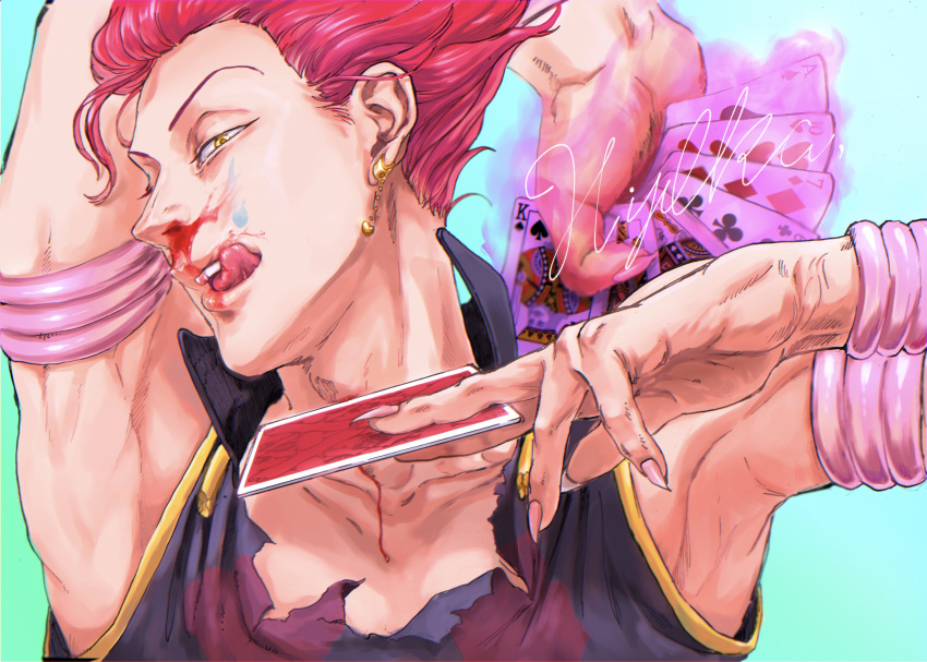 1boy ace_of_spades arm_behind_head arm_up armpits black_shirt blood blood_on_face bracelet card character_name club_(shape) collarbone commentary_request diamond_(shape) earrings fingernails fire gradient gradient_background green_background hand_up heart highres hikyou_(xxcowards) hisoka_morow holding holding_card hunter_x_hunter jewelry king_of_spades licking licking_blood looking_at_viewer male_focus nosebleed number open_mouth playing_card purple_fire redhead seven_of_diamonds sharp_fingernails shirt short_hair simple_background six_of_clubs sleeveless sleeveless_shirt solo spade_(shape) tank_top teardrop_tattoo ten_of_hearts tongue tongue_out torn_clothes torn_shirt upper_body upper_teeth yellow_eyes