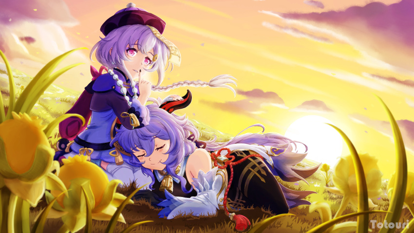 2girls artist_name bare_shoulders bead_necklace beads black_nails blue_hair braid braided_ponytail closed_eyes clouds cloudy_sky finger_to_mouth flower ganyu_(genshin_impact) genshin_impact grass hat highres horns jewelry jiangshi lap_pillow long_sleeves looking_at_viewer lying multiple_girls nail_polish nature necklace purple_hair qiqi_(genshin_impact) shushing sky smile sunset thigh-highs totouri violet_eyes yellow_sky
