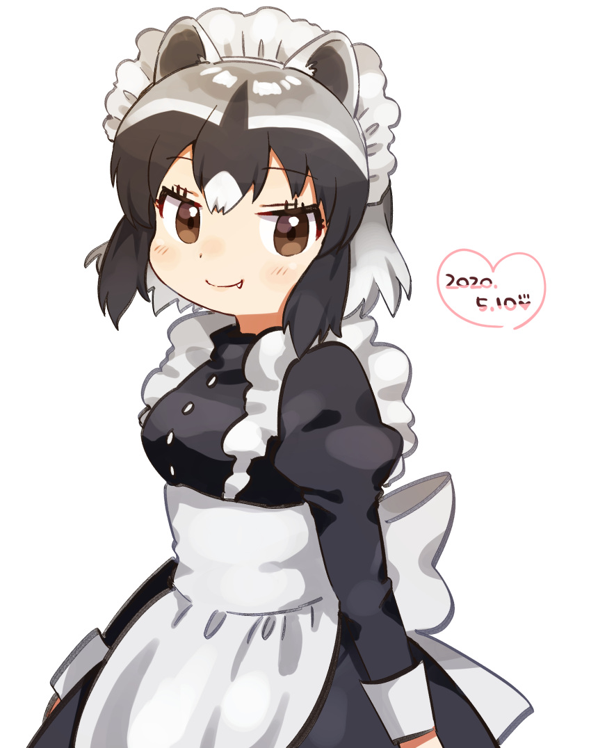 1girl alternate_costume animal_ears apron back_bow black_dress bow brown_eyes commentary_request common_raccoon_(kemono_friends) cowboy_shot dress enmaided eyebrows_visible_through_hair fang grey_hair highres kemono_friends maid maid_apron maid_day maid_headdress multicolored_hair puffy_sleeves raccoon_ears raccoon_girl short_hair smile solo suicchonsuisui white_apron white_bow white_hair