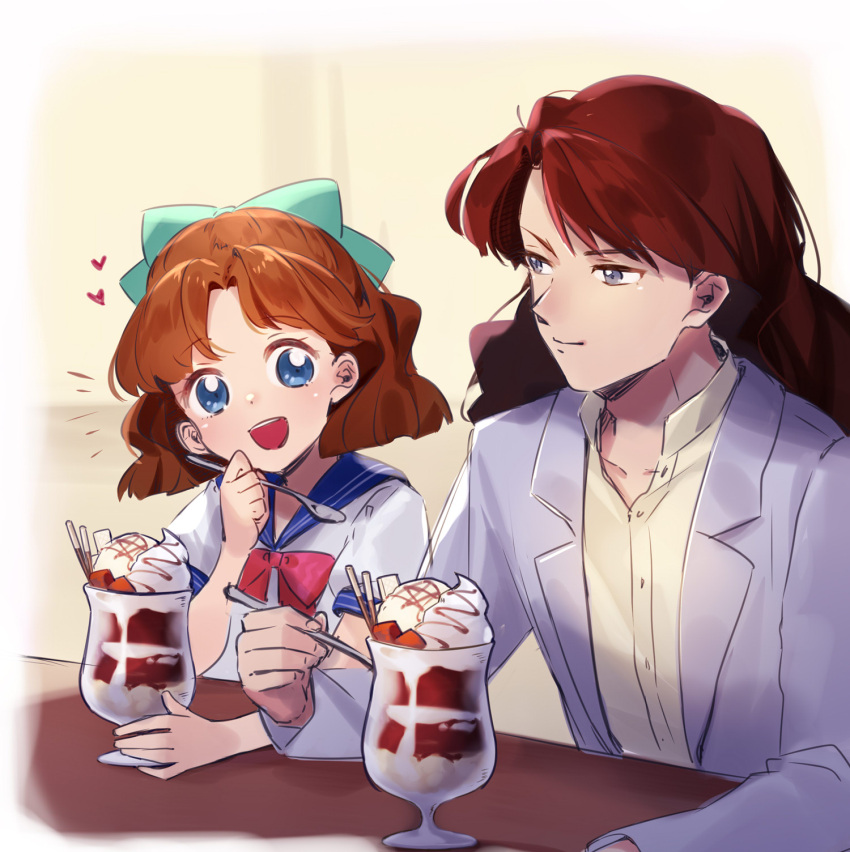 1boy 1girl :d bangs bishoujo_senshi_sailor_moon blue_eyes blue_sailor_collar bow brown_hair buttons chocolate closed_mouth commentary_request eyelashes green_bow grey_eyes hair_bow hand_up heart highres holding holding_spoon jacket long_hair long_sleeves namazu_(dc_27546) nephrite_(sailor_moon) oosaka_naru open_clothes open_jacket open_mouth parfait sailor_collar school_uniform shirt short_sleeves smile spoon table upper_teeth white_shirt yellow_shirt