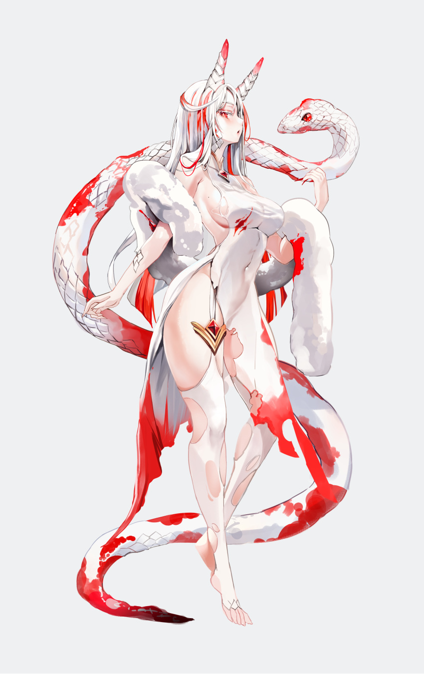1girl absurdres bare_shoulders barefoot breasts covered_navel dress full_body highres horns long_hair looking_at_viewer open_mouth original red_eyes scales snake solo thigh-highs torn_clothes torn_legwear white_dress white_hair white_legwear zerocat