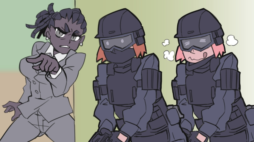 3girls black_hair brown_hair cornrows covered_mouth cowboy_shot dark_skin dark-skinned_female earrings goggles grey_eyes grey_jacket grey_pants grey_suit helltaker jacket jewelry jiete long_sleeves multiple_girls pants pink_hair pointing police_(helltaker) police_swat_(helltaker) tongue tongue_out