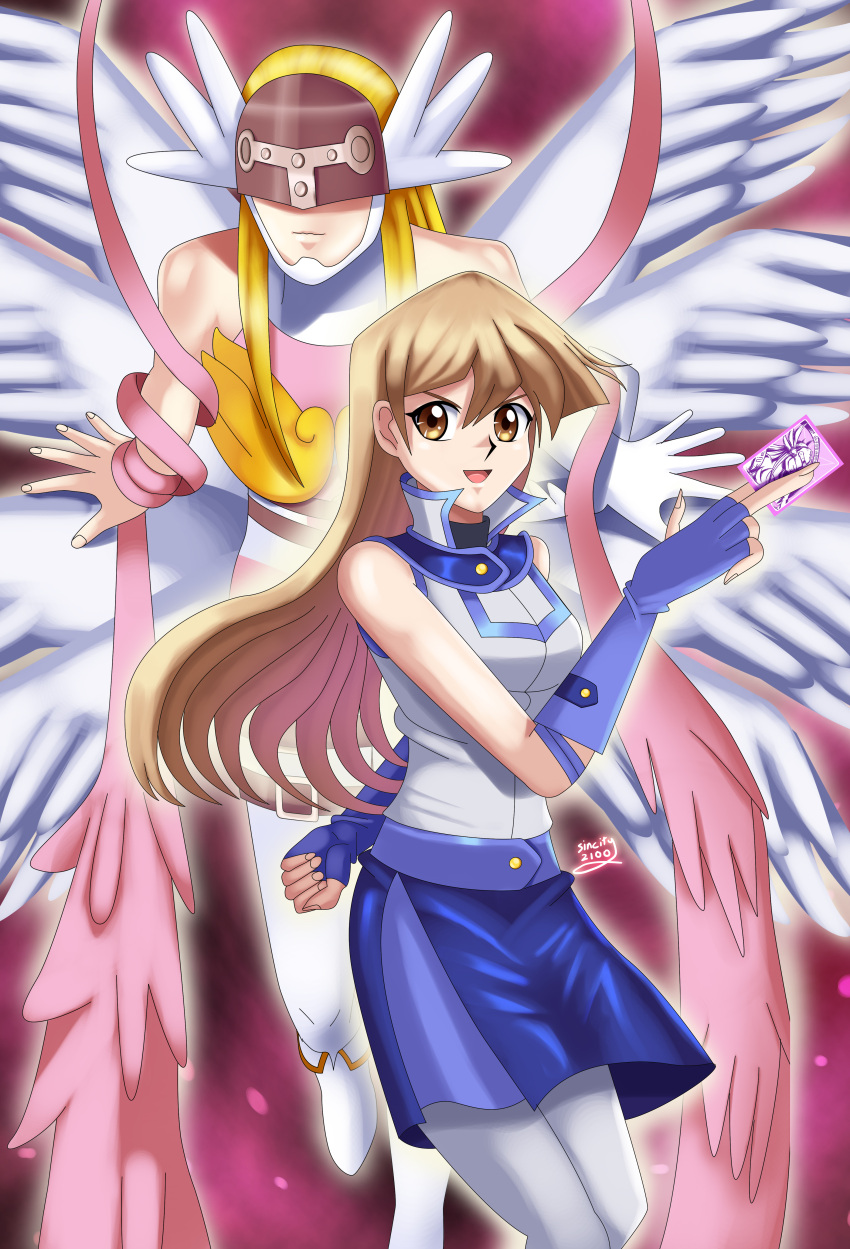 2girls angel angel_wings angewomon armor blonde_hair blue_skirt crossover digimon digimon_adventure face_mask holding_card pink_background sailor_collar sincity2100 sleeveless sleeveless_jacket sleeveless_shirt smile tenjouin_asuka white_jacket white_shirt wings yellow_eyes yu-gi-oh! yuu-gi-ou_gx