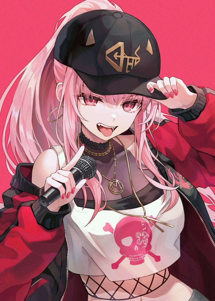 1girl arm_up artist_name bangs bare_shoulders black_headwear breasts covered_collarbone crop_top earrings fang hand_up hat highres holding holding_microphone hololive hololive_english hoop_earrings jacket jewelry large_breasts long_hair long_sleeves microphone mori_calliope myung_yi navel official_alternate_costume pink_eyes ponytail puffy_long_sleeves puffy_sleeves red_background red_jacket red_nails shirt skull_print smile solo tongue tongue_out upper_body virtual_youtuber