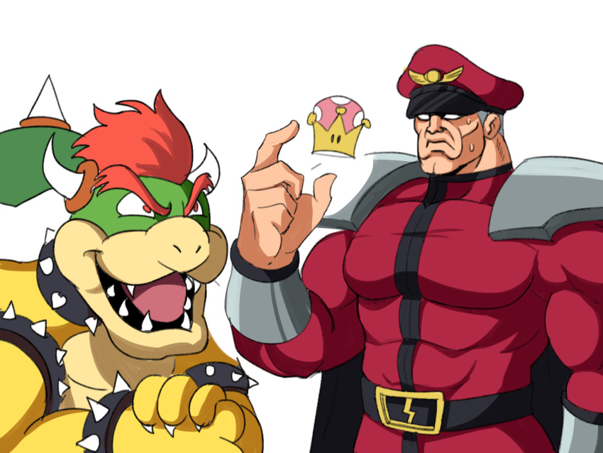 2boys bowser bracelet capcom crown gloves hat highres horns jewelry male_focus military military_uniform monster multiple_boys muscular new_super_mario_bros._u_deluxe nintendo open_mouth short_hair smile spiked_bracelet spikes street_fighter street_fighter_ii_(series) super_crown super_mario_bros. super_smash_bros. teeth tina_fate uniform vega white_hair