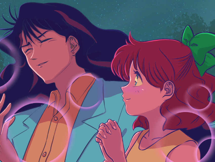 1boy 1girl bangs bishoujo_senshi_sailor_moon blush bow brown_hair buttons closed_eyes closed_mouth collarbone collared_shirt commentary_request earrings eyelashes green_bow green_eyes hair_bow hand_up hands_together highres interlocked_fingers jacket jewelry long_hair looking_at_another nephrite_(sailor_moon) night oosaka_naru orange_shirt outdoors parted_lips shirt short_hair sky smile star_(sky) t_(moguro)